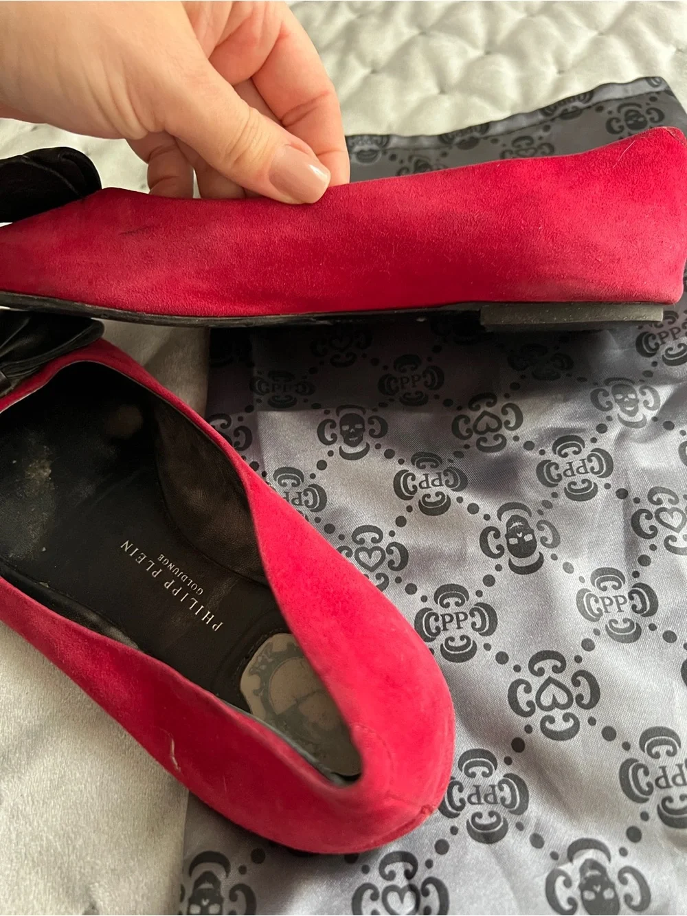 Philipp Plein Red Suede Flats with Black Bow & Skull Accent